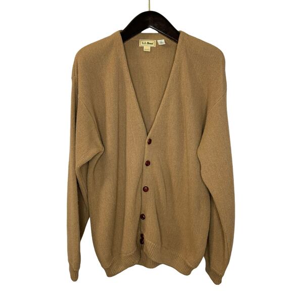 Vintage LL Bean  Alpaca V-neck Button Cardigan Sweater Grampa Made in Peru Tan L - Picture 1 of 9